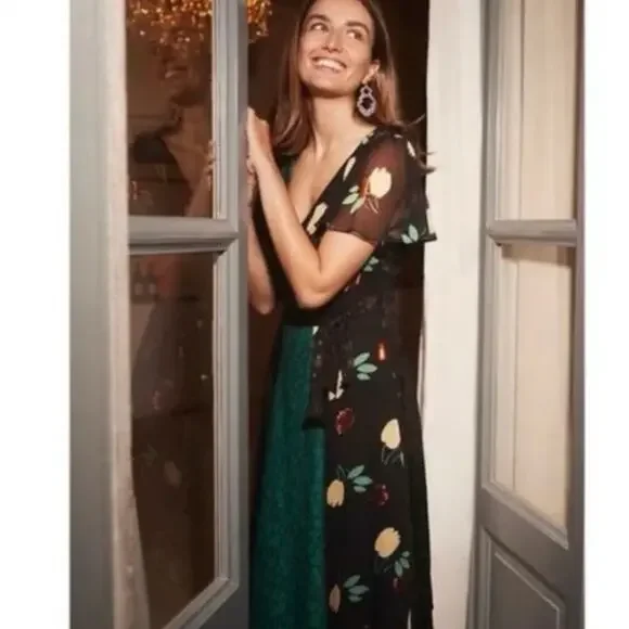 Anthropologie Ciao Bella Dress Moulinette Soeurs Boho Green Black Womens size 10 Anthropologie Ciao Bella Dress Moulinette Soeurs Boho Green Black Womens size 10